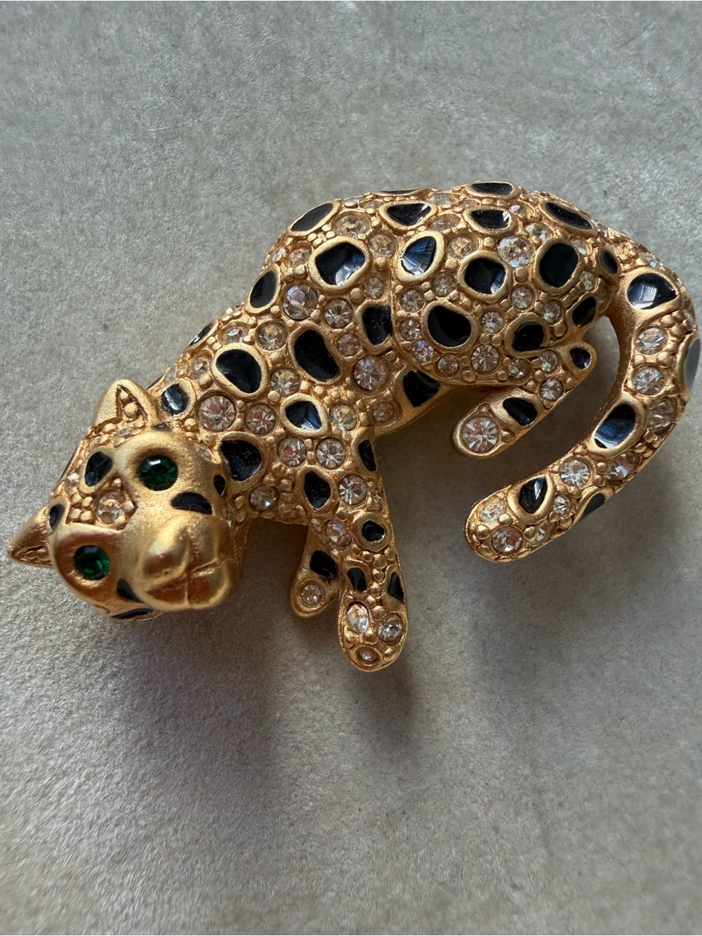 D’Orlan Leopard Brooch with Black Enamel and Green Eyes